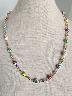 Colorful Evil Eye Necklace Gold Tone Beaded Chain Protection 18”
